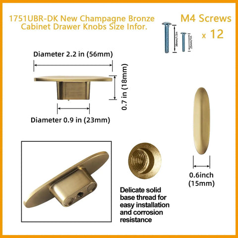 Diagram showing Six Pack Champagne Bronze Cabinet Knobs with dimensions, solid zinc alloy for kitchen dresser cupboard wardrobe hardware.