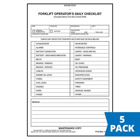 Heavy Duty Forklift Operator Daily Pre Shift Safety Inspection Checklist Carbonless Forms No Fuss Warehouse Grind Ready Electric Or Gas Engine Maintenance Log Five Pack with detailed inspection items.