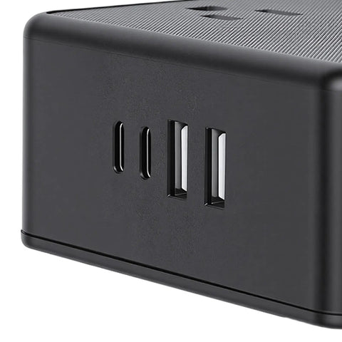Lock Your Gaming Battlestation And Home Office With A Solid Desk Clamp Power Strip Featuring Four AC Outlets And Four USB Ports For Smart Charging - close-up of USB ports.