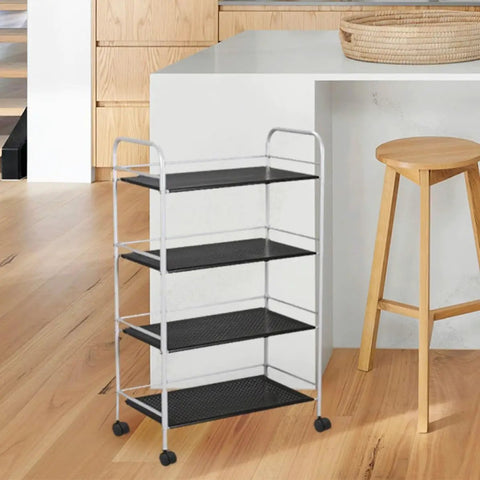 4pcs Inch Plastic Swivel Caster Wheels Replacement for Desk Chair on a metal shelving unit with black shelves.
