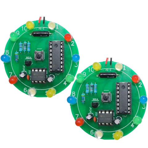Two Pack Soldering Practice Kit With CD4017 And NE555 Chips for Lucky Wheel LED projects, showing two green circuit boards
