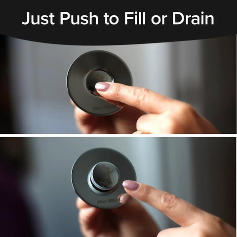 Heavy Duty Slick Universal Sink Stopper Replacement Chrome Bath Plug Bathroom Upgrade No Sweat Quick Install Fits All Standard Drains Waterproof Easy Grip with finger pressing down mechanism.