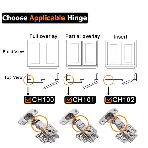 Black Stainless Frameless Cabinet Hinges, 100 Degree Soft Close, Full Overlay, 35mm Cup, Fits 14 To 22mm Doors diagram showing hinge options