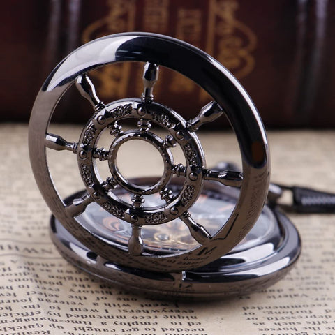 Rudder Design Skeleton Mechanical Pocket Watch Hand Wind For Men With Dope Black Dial Roman Numerals Vintage Steampunk Style