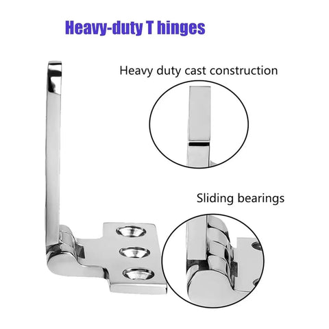Self Closing Reversible Door Hinge For Marine Use, Heavy Duty T Hinge, stainless steel with screws, showing sliding bearings