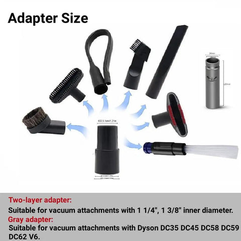 9 Piece Vacuum Attachment Kit With One And A Quarter Inch To One And Three Eighths Inch Hose Adapter, Dyson V6 Compatible Brush Set