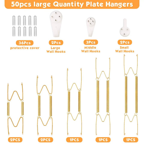 Set Of Seven Invisible Plate Hangers For Wall Display Featuring Stainless Steel Hooks In Four Six Eight Ten And Twelve Inch Sizes No Sweat Setup To Show Off Your Decor Built Tough, showing assorted hooks and protective covers.