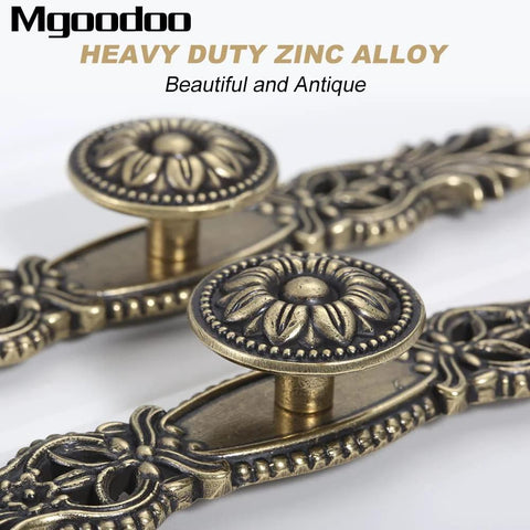Vintage Cabinet Pulls Set of 5 in Antique Bronze With 3.7 Inch Hole Spacing, heavy-duty zinc alloy design with detailed flower pattern