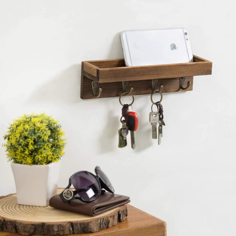 Super Sleek 10 Inch Brown Wood Wall Mount Floating Shelf With Four Antique Metal Key Hooks Straight Up Perfect Entryway Organizer For Mail Keys Coats And Phone Gear No Sweat Setup Totally Chic Home Decor