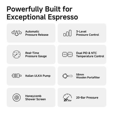 Features of Programmable Espresso Machine With 58mm Stainless Steel Portafilter Adjustable Temperature And Cup Size Smart Display.