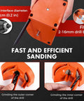 Total Beast Dual Wheel Drill Bit Sharpener shows orange nylon tool, fits 2-16mm bits, efficient sanding details.