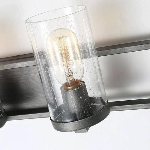 Close-up of the Farmhouse Rustic Bathroom Vanity Light Fixture With Wood Frame And Cylindrical Bubbled Glass, Industrial Wall Sconce