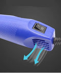 No Sweat Mini Heat Gun For Epoxy Resin And Crafts 300W Portable Handheld Dryer Tool For Embossing Shrink Wrapping Paint Clay Rubber Stamps Quick Dry Blue close-up of power switch and air vents.