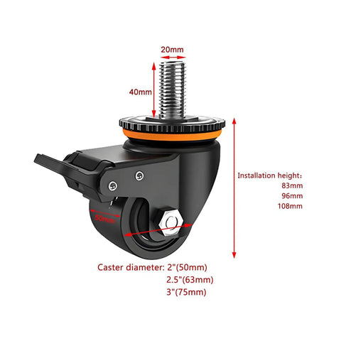 Detailed view of Heavy Duty Swivel Caster Wheels With M Threaded Stem And Brake, dimensions labeled for furniture and equipment use.