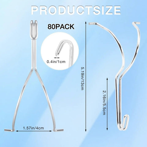Dimensions and features of 80 Pack Cabinet Door Painting Hangers in stainless steel showing size and no drill hooks.