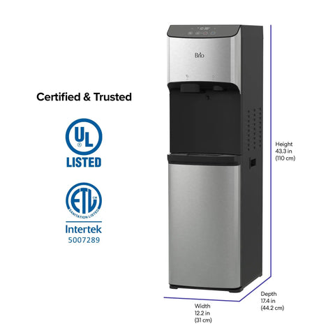 Water Dispenser For 5 Gallon Bottle With Nugget Ice Maker Hot And Cold Water UV Self Cleaning LED Touch Display And Digital Clock Night Light Child Safety Lock Bottom Load Cooler Two Times Faster Ice And Water Dispense dimensions