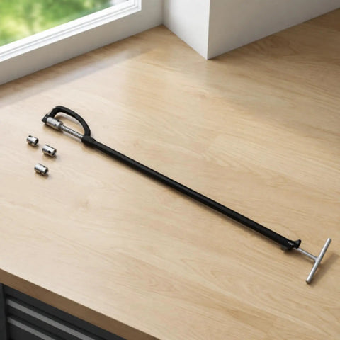 Heavy Duty T Handle Socket Wrench With Extended Long Shaft Crawls Into Sneaky AC Compressor Nuts And Hard To Reach HVAC Fasteners Pro Grade 14 Mm And 17 Mm Heads Crank Tight Without Any Sweat on wooden surface with sockets.