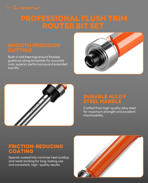 Flush Trim Router Bit Set Four Piece One Quarter Inch Shank Top And Bottom Bearing Carbide Template Guide Bits For Woodworking Cutting Lengths From Three Quarters Inch To One And A Half Inch Wrenches And Bearings Included with smooth precision cutting, durable alloy steel handle, and friction-reducing coating.