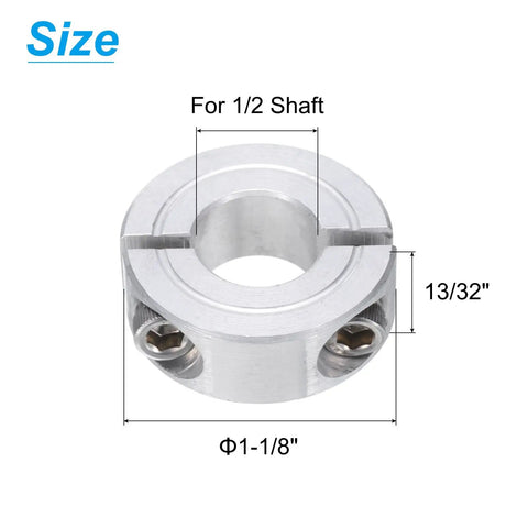 Four Pack Heavy Duty Double Split Clamp On Shaft Collar For One Half Inch Shaft Two Piece Clamping Collar One And One Eighth Inch Outside Diameter Thirteen Thirty Second Inch Thick Aluminum Alloy Set Screw Split Collar Clamp, size diagram