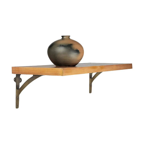 Set Of 2 Heavy Duty Brass Shelf Brackets For 8 10 12 Inch Shelves Gold Finish L Shaped Wall Brackets Adjustable Mounting Hardware Included 7 3 Eighths By 9 7 Eighths Inches Built Tough installed holding a wooden shelf with a vase