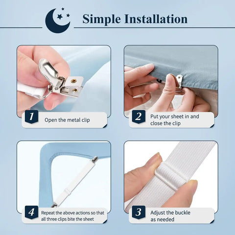 Adjustable Elastic Bed Sheet Straps Set Of 4 Non Slip Corner Fasteners tutorial showing installation steps and close-up views.