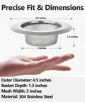 4.5 Inch Stainless Steel Sink Strainer Basket above hand showing dimensions and material; 304 stainless steel mesh