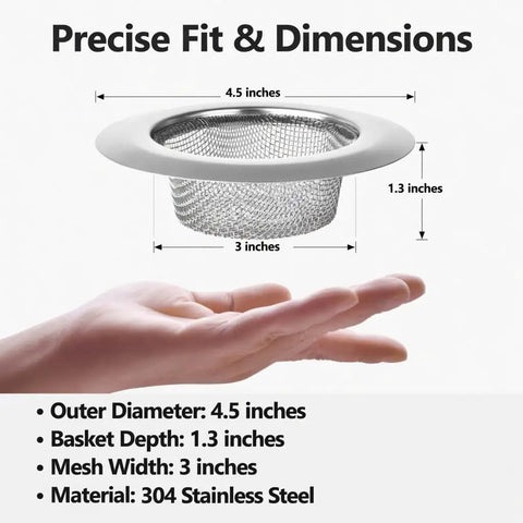 4.5 Inch Stainless Steel Sink Strainer Basket above hand showing dimensions and material; 304 stainless steel mesh
