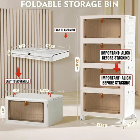 Four Tier Stackable Plastic Storage Bins With Lids And Wheels Folding Storage Boxes 92 Qt Total Capacity Totally Perfect For Living Room Office Dorm Craft Supplies Pantry Organization And Quick Tidy Up, featuring easy assembly and alignment instructions.