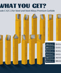 20-piece carbide-tipped lathe cutter set with 1/2-inch shanks, yellow holders, multiple profiles.