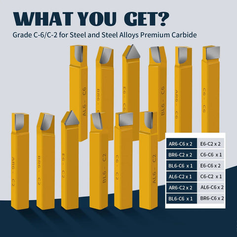 20-piece carbide-tipped lathe cutter set with 1/2-inch shanks, yellow holders, multiple profiles.