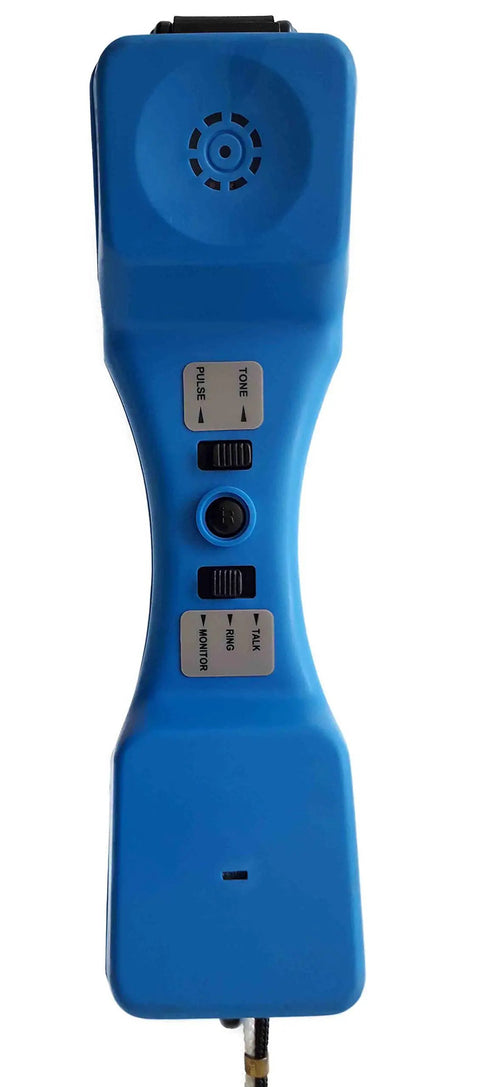 Heavy Duty Data Safe Telephone Test Set LTS 48 Butt Set front view with buttons and RJ11 jack seen, in blue with rugged design.