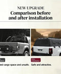 Comparison before and after installation of Hard Shell Truck Cap Camper Topper With Locking T Handle Security Beefed Up Heavy Duty Steel Build 4x4 Black Finish Rugged Cargo Shelter For Pickup Trucks Durable Weatherproof Storage And Protection.