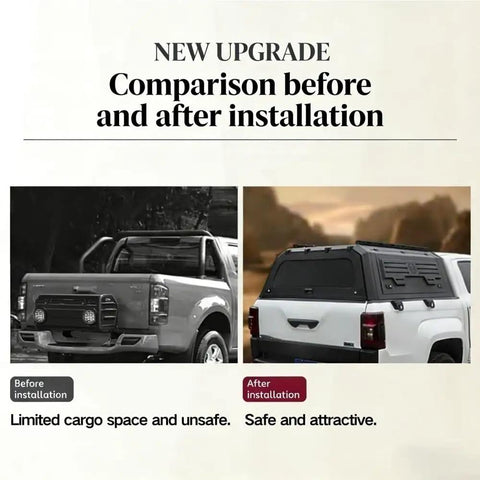 Comparison before and after installation of Hard Shell Truck Cap Camper Topper With Locking T Handle Security Beefed Up Heavy Duty Steel Build 4x4 Black Finish Rugged Cargo Shelter For Pickup Trucks Durable Weatherproof Storage And Protection.
