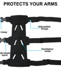 Close-up of adjustable archery arm guard bracer with three straps and ventilation holes for unisex archers, black color.