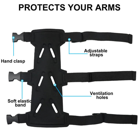 Close-up of adjustable archery arm guard bracer with three straps and ventilation holes for unisex archers, black color.