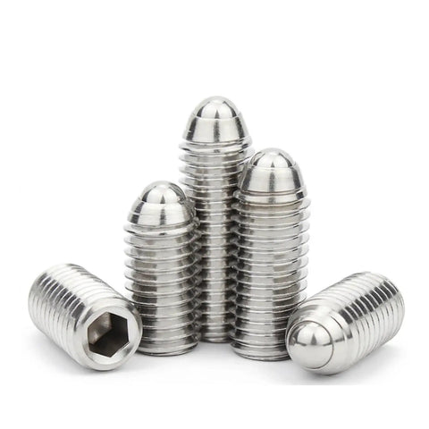 Drop In Ready 304 Stainless Steel Spring Ball Plunger Set Screw With Knurled Hex Shaft Tough As Nails Miniature Positioning Hardware, group of five screws.