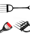 Heavy Duty 5 Tine Pitch Fork For Garden Work With Long Ergonomic T Handle Rust Resistant Stainless Steel Head Minimal Soil Adhesion