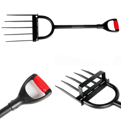 Heavy Duty 5 Tine Pitch Fork For Garden Work With Long Ergonomic T Handle Rust Resistant Stainless Steel Head Minimal Soil Adhesion