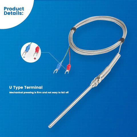 CGELE K-Type thermocouple temperature sensor front view with stainless steel 100×5 mm probe and 2 m wire, U-type terminal