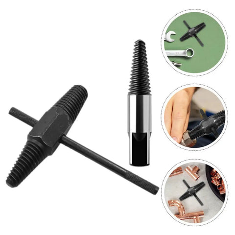 Super Tough Dual-Head Screw Extractor Kit For Stripped Bolts And Water Pipe Fixes. Easy-To-Use Bolt Remover Tool That Slams In Fast To Save Your Back And Time On Any Heavy Industry Or Home DIY Job Without Needing A Pro Plumber.. black metal dual-head extractor with T-handle for stripped bolts and pipe repairs
