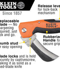 Electricians Utility Knife With Hawkbill Blade For Cable Skinning, orange folding knife with replaceable blade and rubber grip