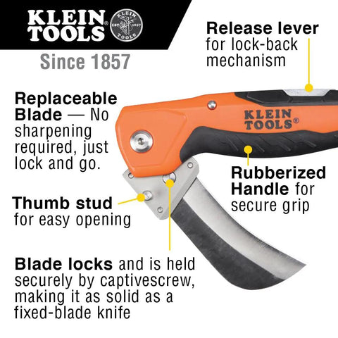 Electricians Utility Knife With Hawkbill Blade For Cable Skinning, orange folding knife with replaceable blade and rubber grip