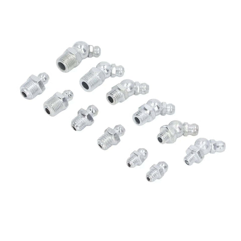 130 Piece Hydraulic Grease Fitting Kit With 12 SAE Zerk Nipples Galvanized brass fittings displayed on white background