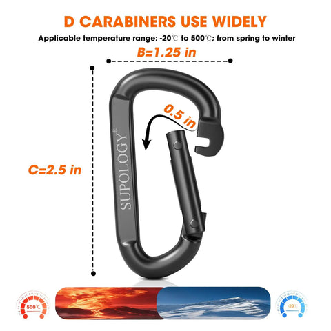 Heavy Duty Carabiner Clips 900 Lbs Working Load 2.5 Inch D Shaped Iron Carabiner dimensions and temperature range