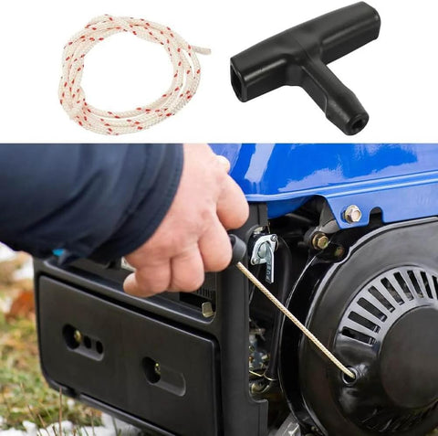 Garage Door Emergency Pull Rope Kit With Handle For Attic Ladder Access shown in use on machinery with close-up of durable cord and handle.