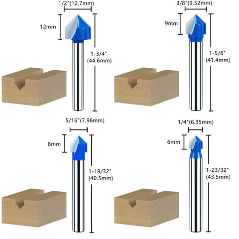 8 Piece 90 Degree V Groove Router Bit Set with solid carbide double flute for CNC engraving and woodworking, shank size 1/4 inch