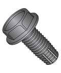 Heavy Duty Steel Thread Cutting Screws Hold Fast Hex Washer Head Black Oxide Finish Type F Point For Sheet Metal 1/4 20 X 1/2 close-up of screw