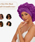 Model wearing Silky Satin Sleep Bonnet With Adjustable Straps For Women in Rich Purple, showcasing no slip fit
