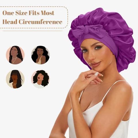 Model wearing Silky Satin Sleep Bonnet With Adjustable Straps For Women in Rich Purple, showcasing no slip fit