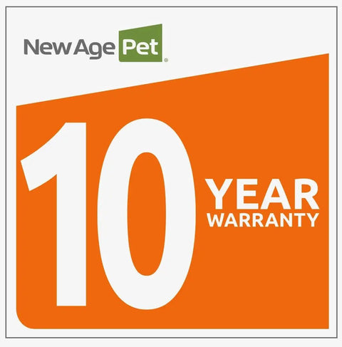New Age Pet 10 year warranty badge for Fontana Jumbo Chicken Pen EcoFlex Outdoor Enclosure With Stainless Steel Wire Predator Resistant Lock